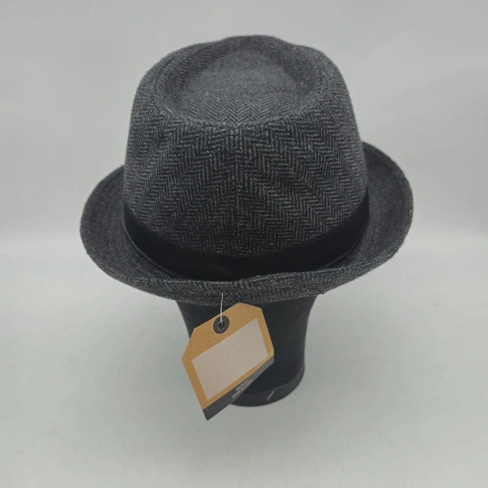Hipster Fedora Hat Mens Small Medium Gray Polyester‎ Herringbone Black Band